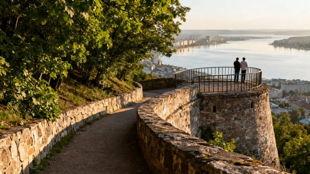 Sentier boisé menant à un point de vue sur la baie