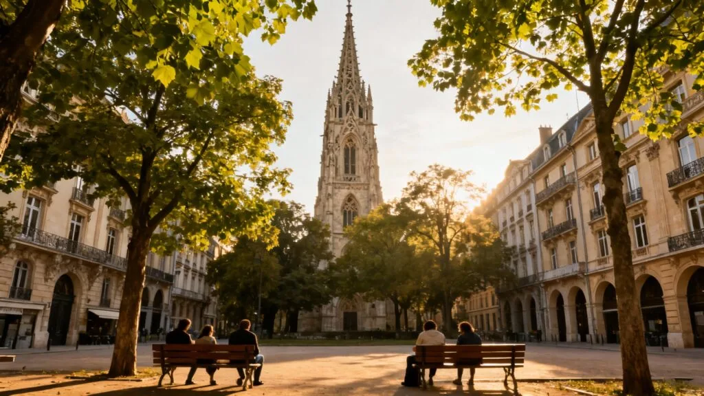 Flèche d’église néo-gothique sur une place arborée