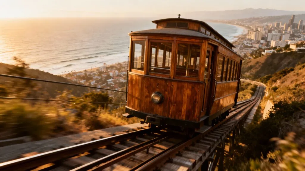 Vieux funiculaire montant avec vue sur l’océan