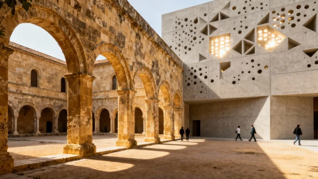 Cloître en pierre et façade muséale contemporaine