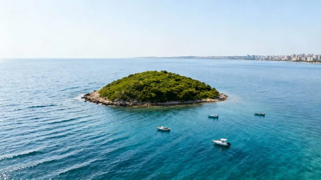 Petite île verte dans une baie calme et lumineuse