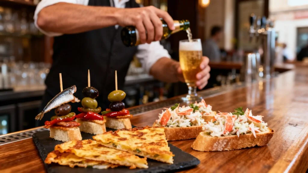 Assortiment de pintxos sur un comptoir en bois