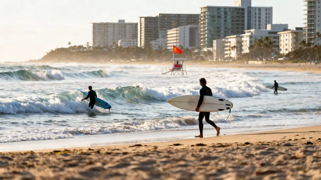 Surfeurs marchant vers de petites vagues propres