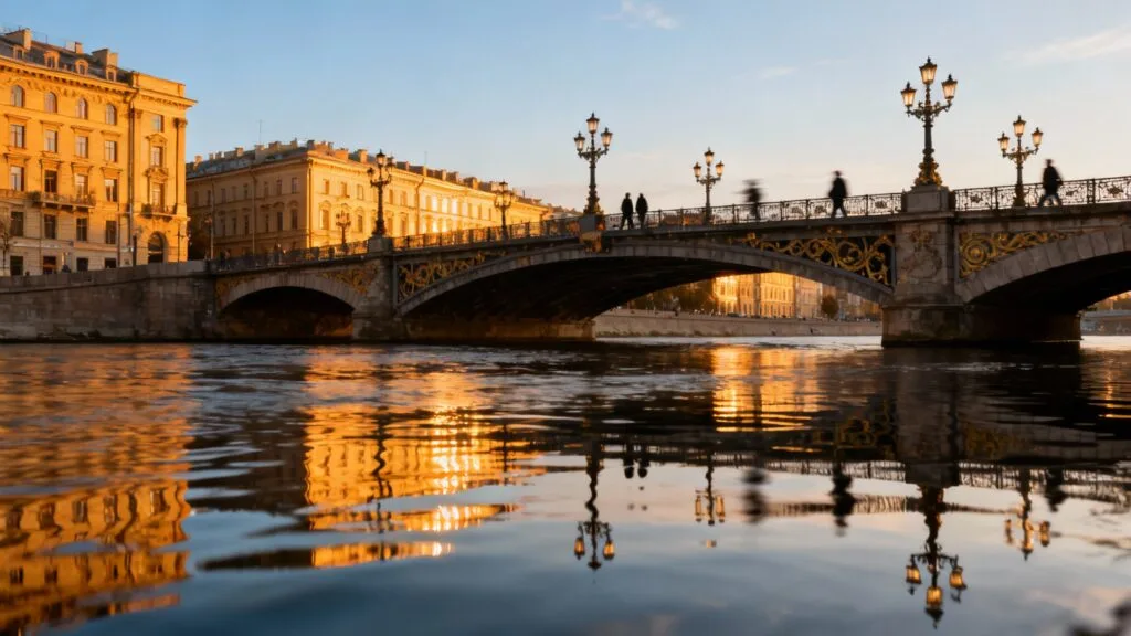 Pont orné et rivière urbaine sous lumière dorée