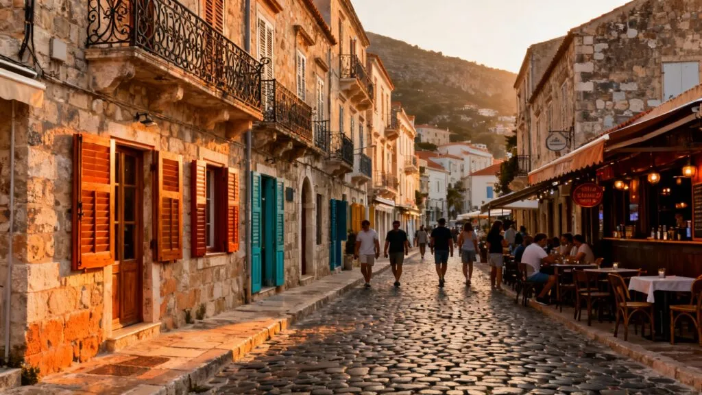 Ruelle pavée animée dans une vieille ville côtière