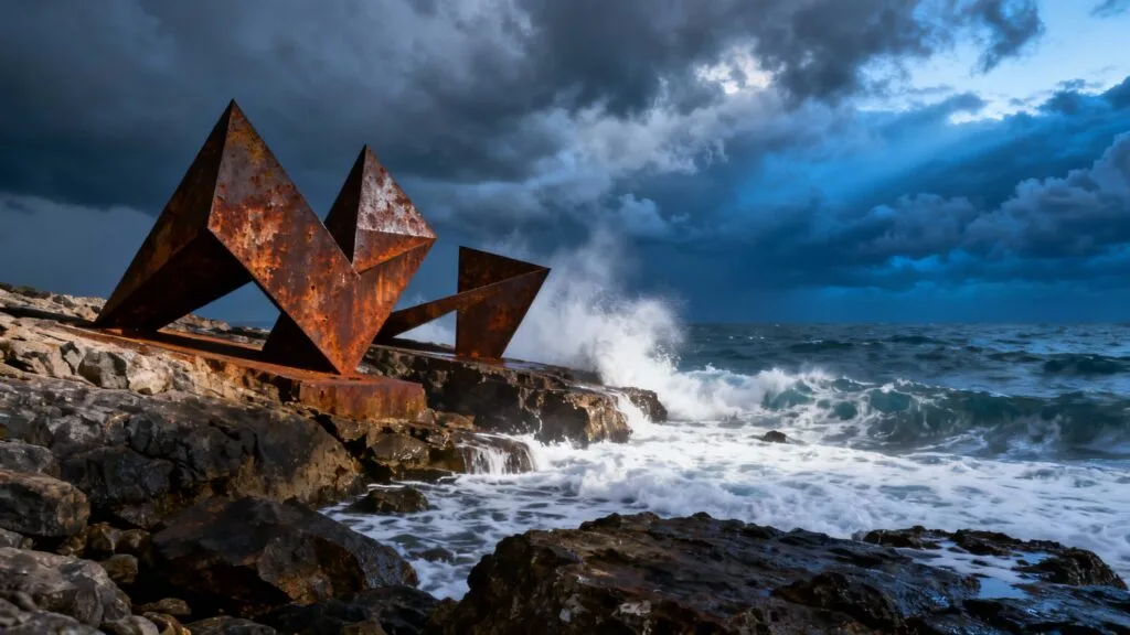 Sculptures d’acier sur rochers, vagues spectaculaires