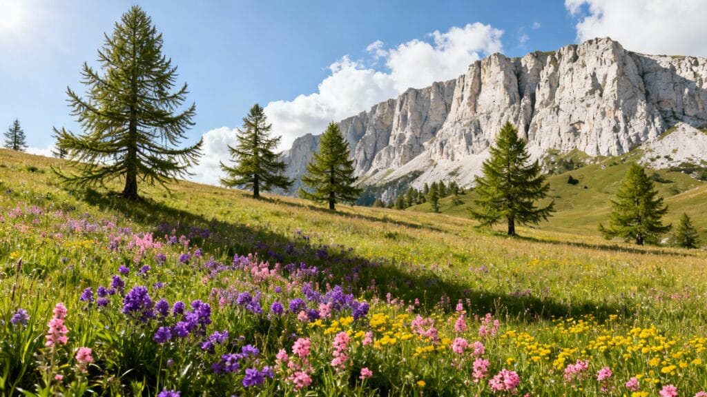Alpages fleuris et falaises calcaires en montagne