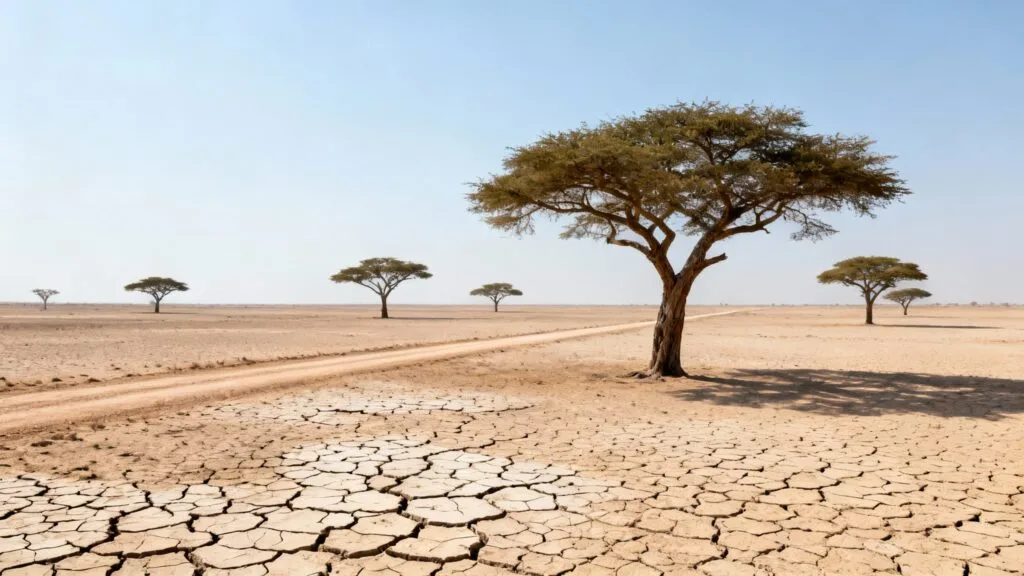Reg désertique avec acacias sous ciel dégagé