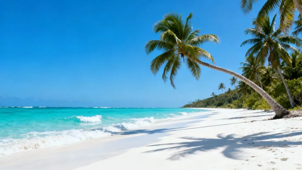 Plage caribéenne de sable blanc et palmiers