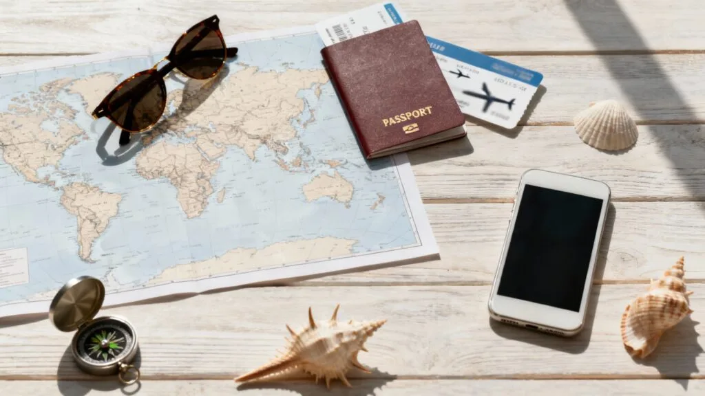 Carte et accessoires pour planifier un voyage en janvier