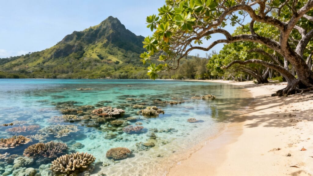 Lagon calme et reliefs verts pour un octobre au soleil
