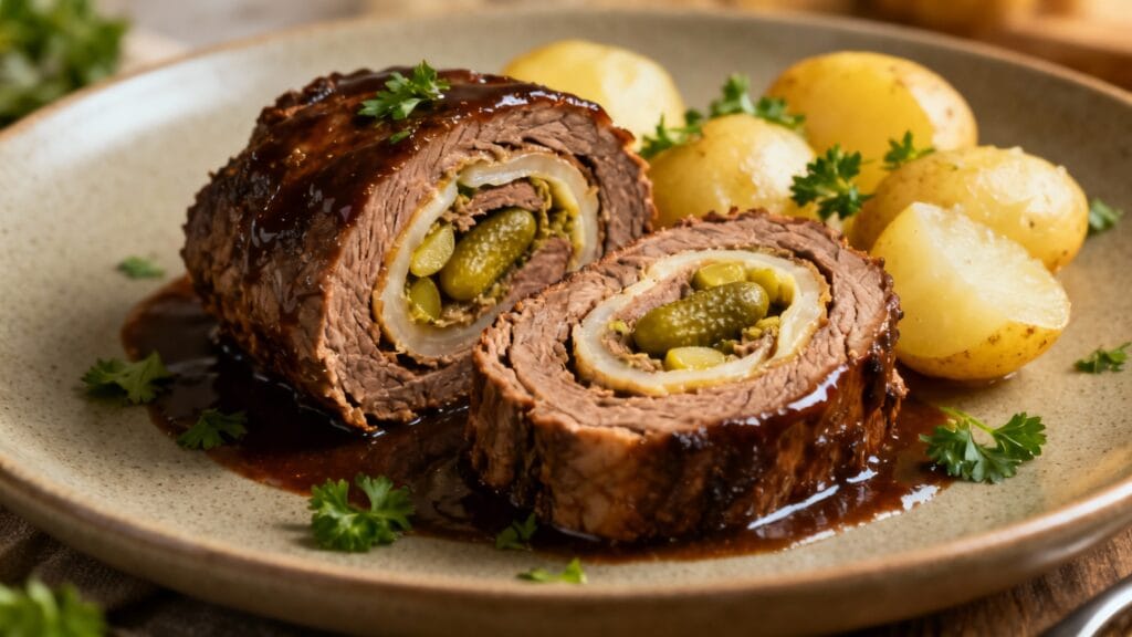 Rinderroulade au bœuf, sauce riche et pommes vapeur