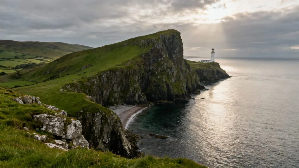 Falaises verdoyantes et phare, côte britannique
