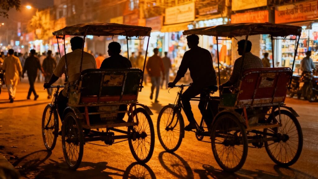 Rue animée avec risques pour voyageurs en soirée