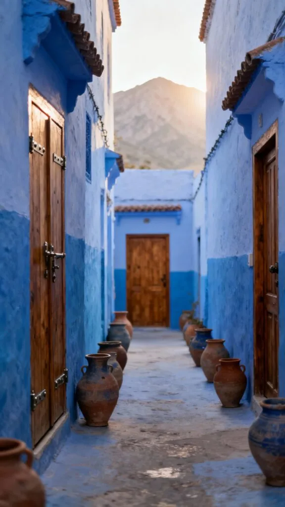 Ruelle bleue pittoresque avec collines en arrière-plan