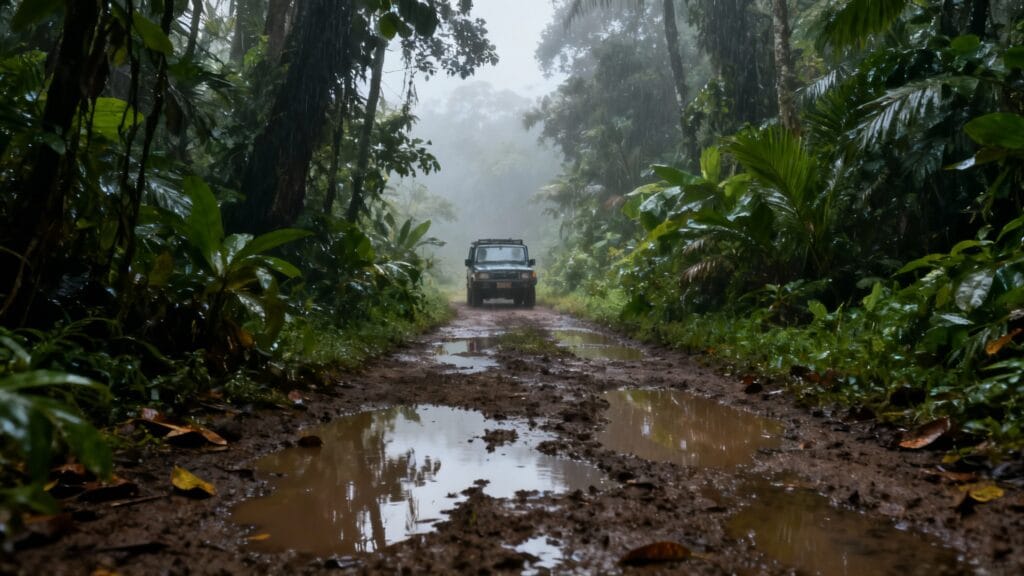 Route boueuse en saison des pluies au Costa Rica