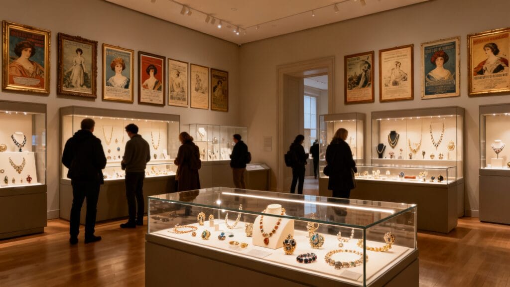 Affiches vintage et vitrines de bijoux décoratifs