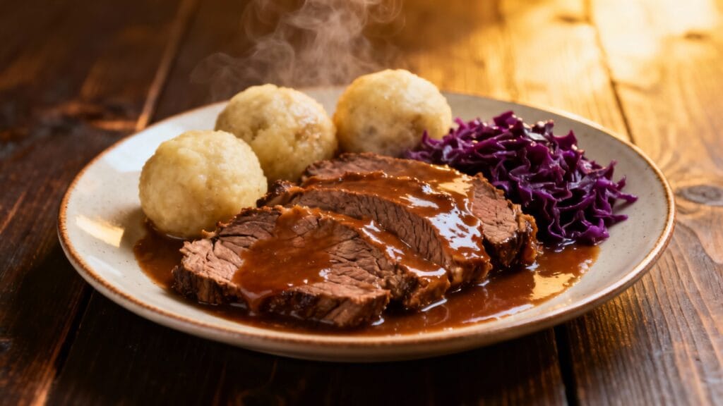 Sauerbraten, plat typique avec knödel et chou rouge