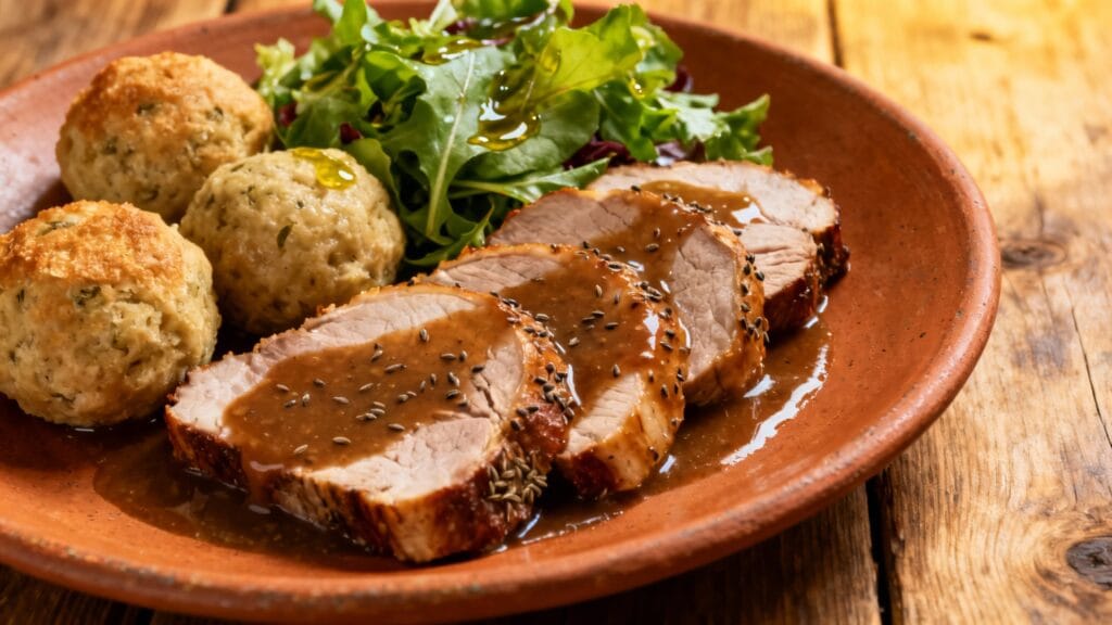 Schweinsbraten bavarois avec semmelknödel au carvi