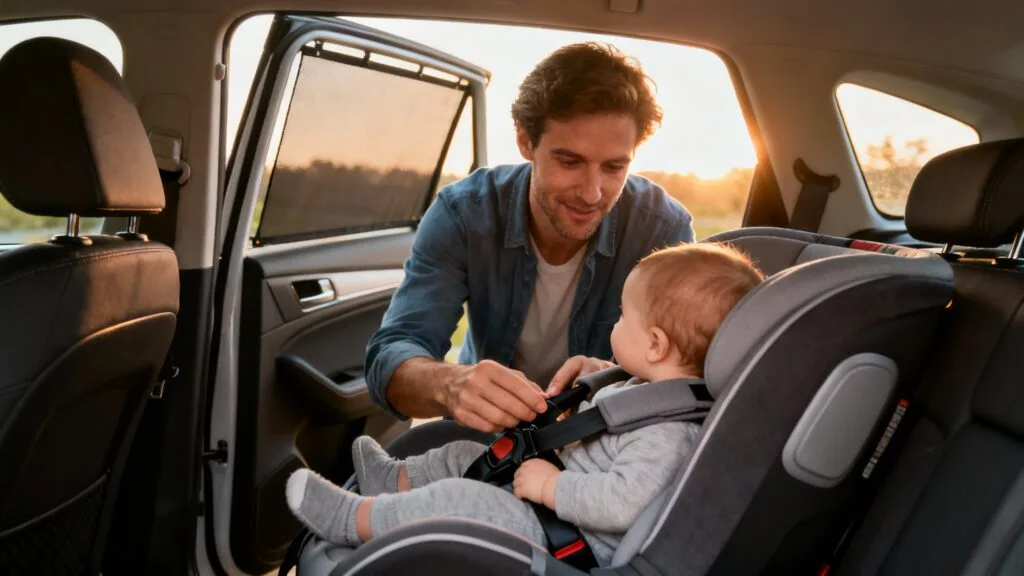 Siège auto bébé dos route et harnais ajusté