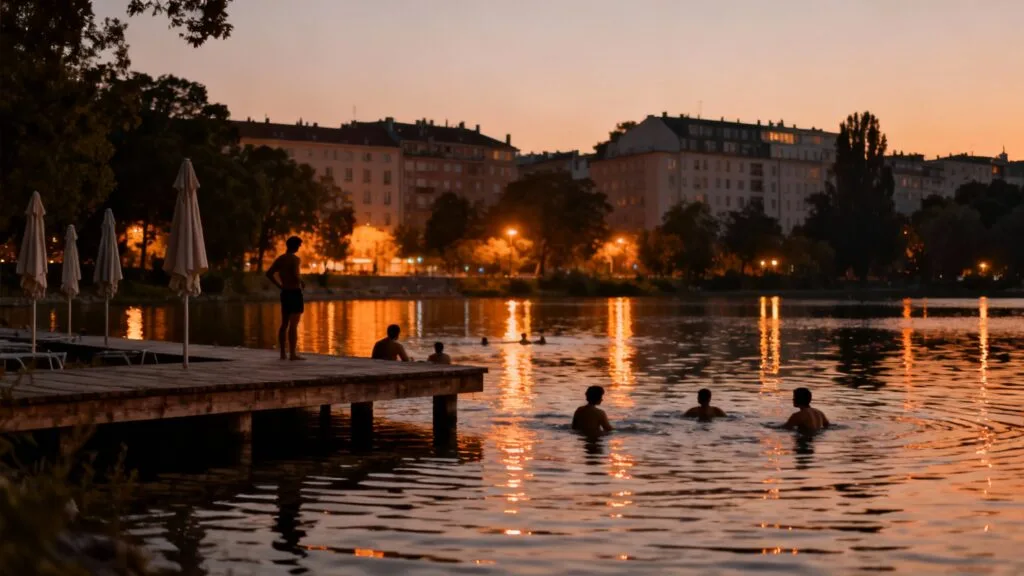 Baignade en fin de journée sur une rive urbaine arborée