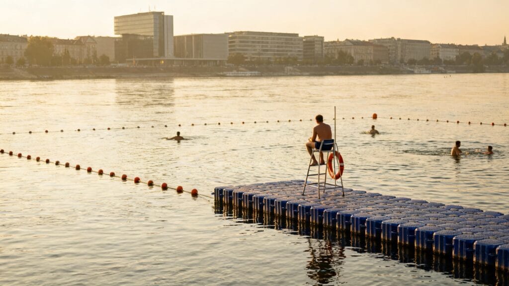 Baignade urbaine surveillée sur une grande rivière balisée