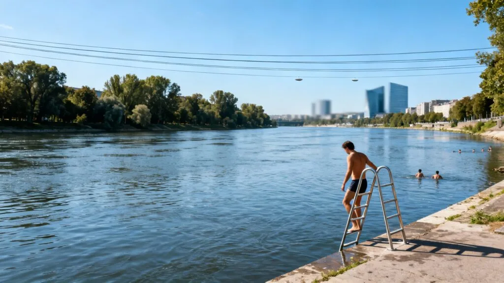 Rive gauche d’une grande rivière, baigneurs et lignes de flottaison