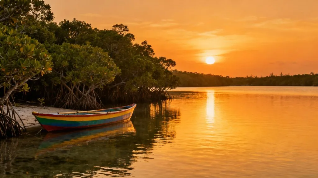 Pirogue sur lagune au coucher de soleil