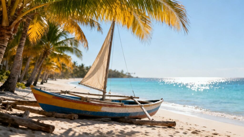 Plage avec pirogues colorées et mer chaude en octobre
