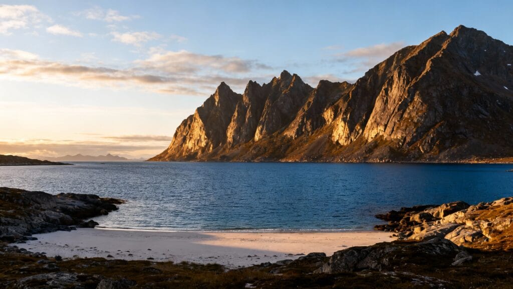 Fjords et plage arctique sous une lumière douce