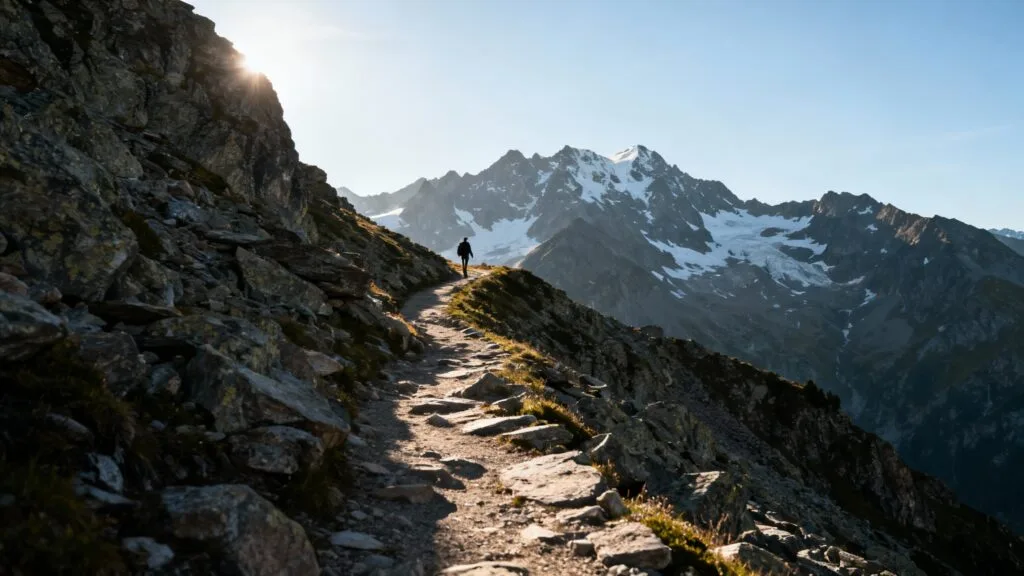 Sentier d’altitude et sommets enneigés à l’horizon