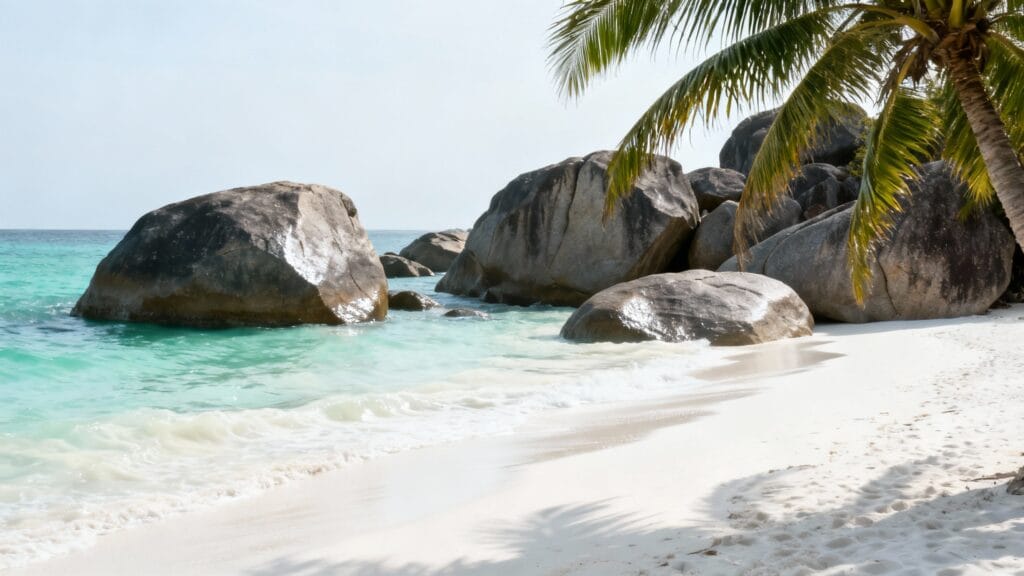 Sable blanc, granit et mer turquoise chaleureuse