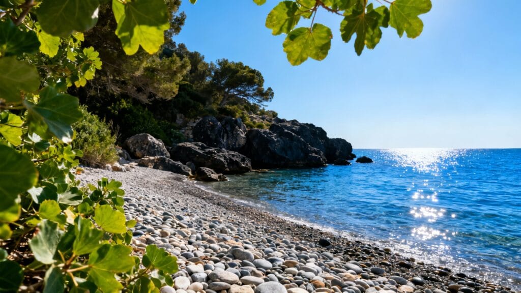 Plage de rochers et mer bleue pour octobre au soleil