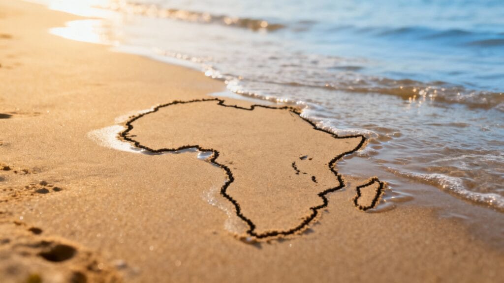 Silhouette de l’Afrique dessinée sur le sable près de l’eau