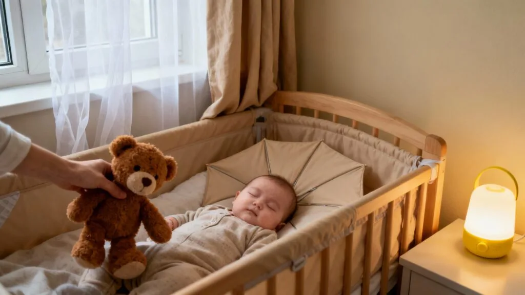 Bébé qui dort en voyage avec doudou et veilleuse