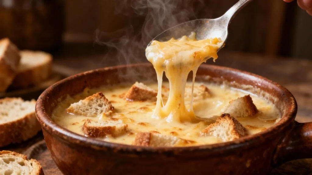 Soupe au fromage aveyronnaise, fromage filant et pain de campagne