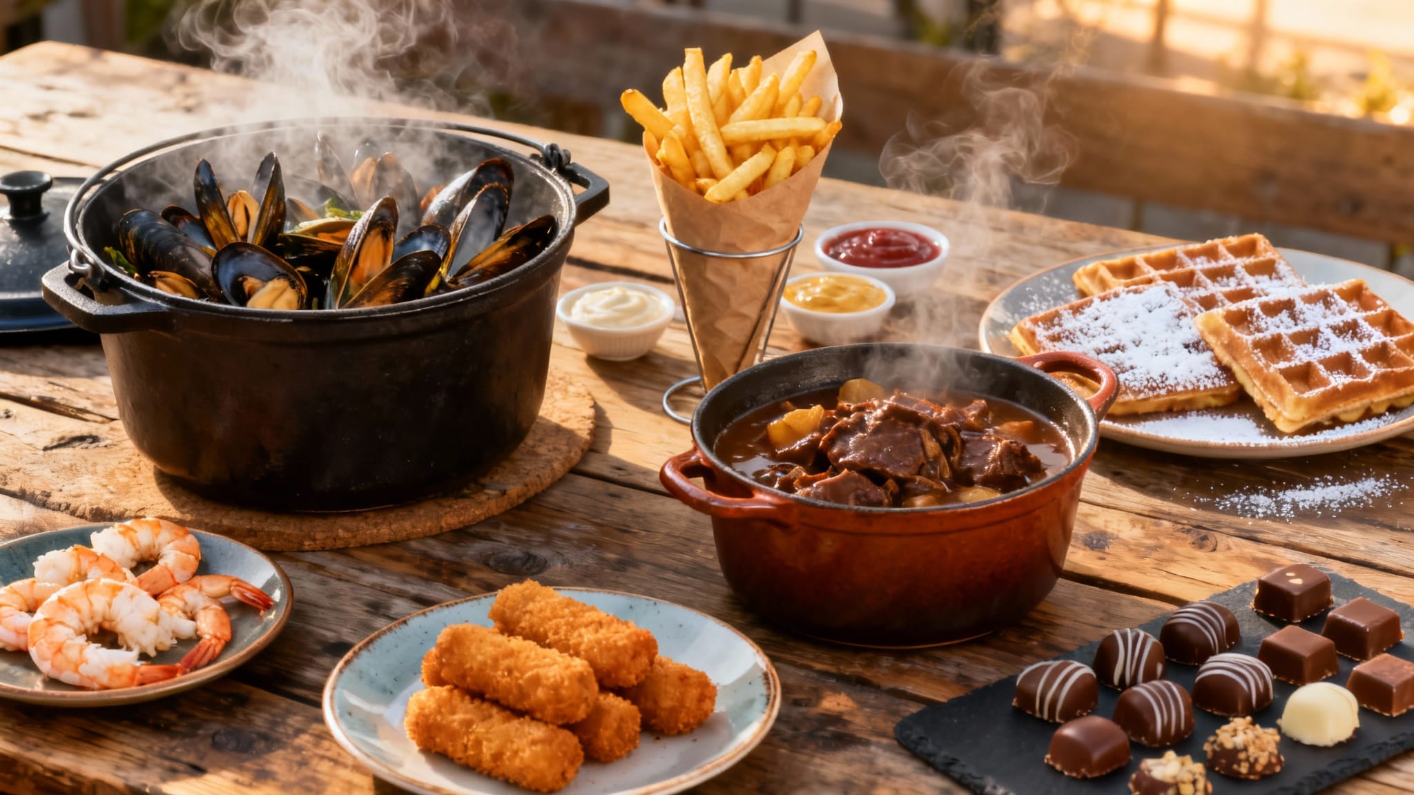 Assortiment de spécialités belges sur table en bois