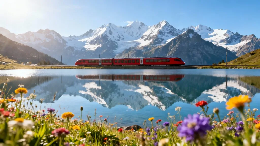 Lac alpin miroir et cimes enneigées