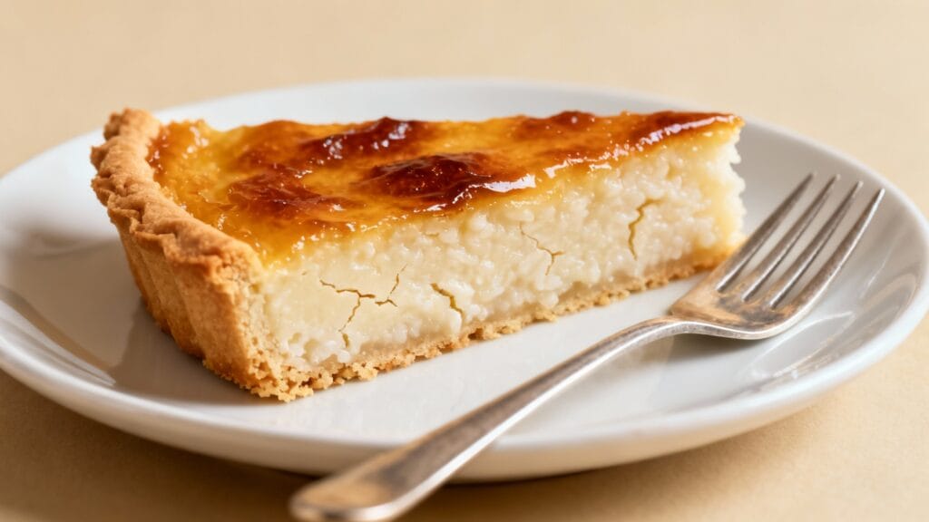 Part de tarte au riz au lait crémeuse et dorée
