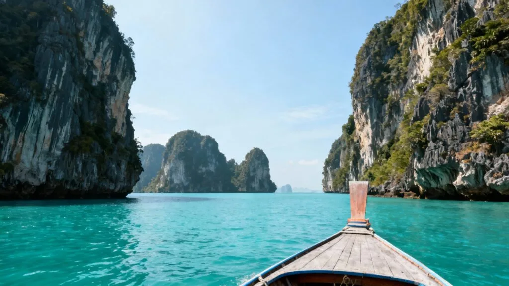 Falaises karstiques et bateau traditionnel sur mer turquoise
