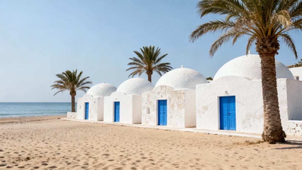 Maisons blanches et plage paisible au printemps