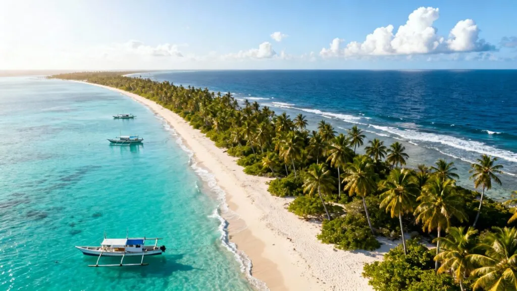 Atoll polynésien étroit, lagon turquoise et océan profond
