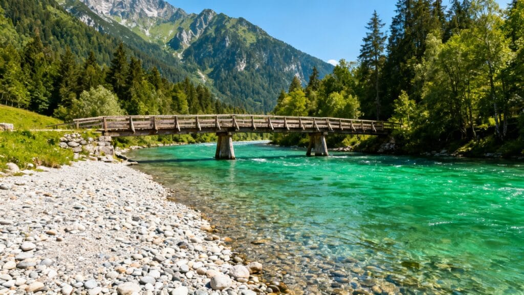Rivière émeraude et passerelle en montagne