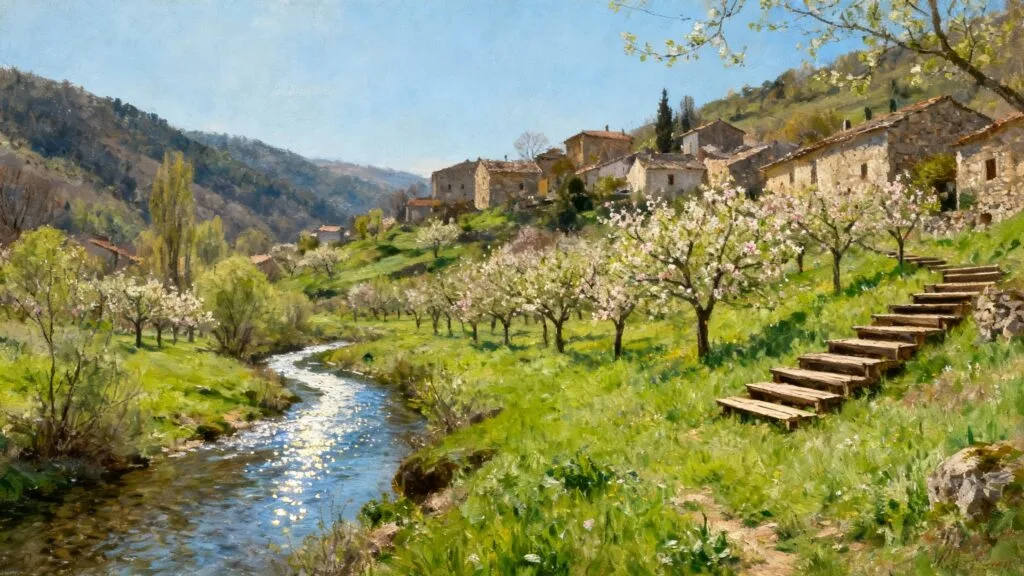 Vallée verdoyante avec oued et terrasses au printemps