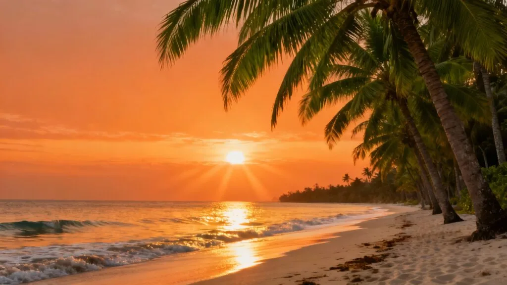 Palmiers et mer dorée au coucher de soleil tropical