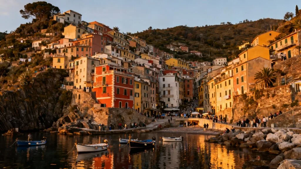 Maisons colorées et port d’un village maritime