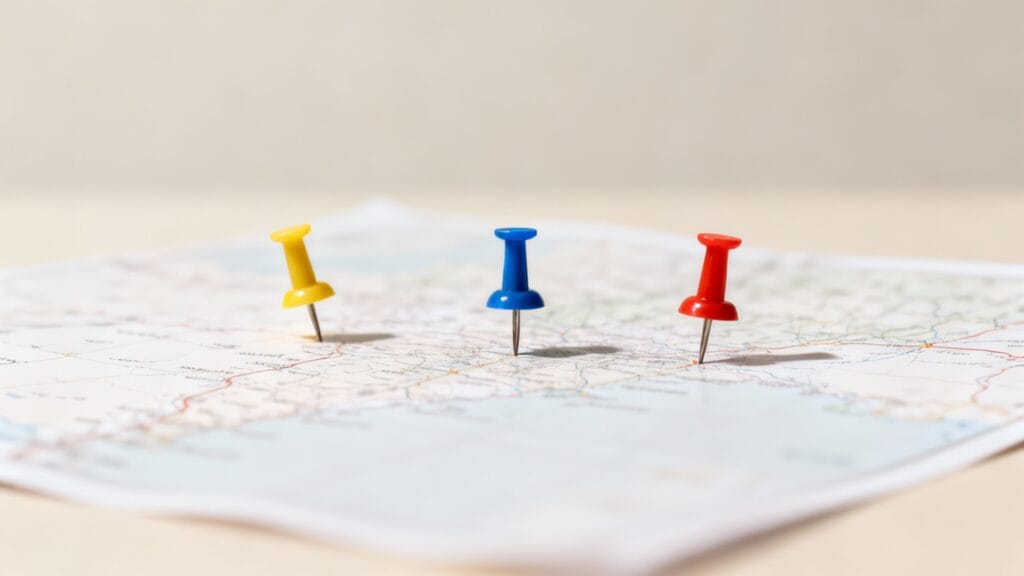 Punaises colorées sur carte pour villes en Q