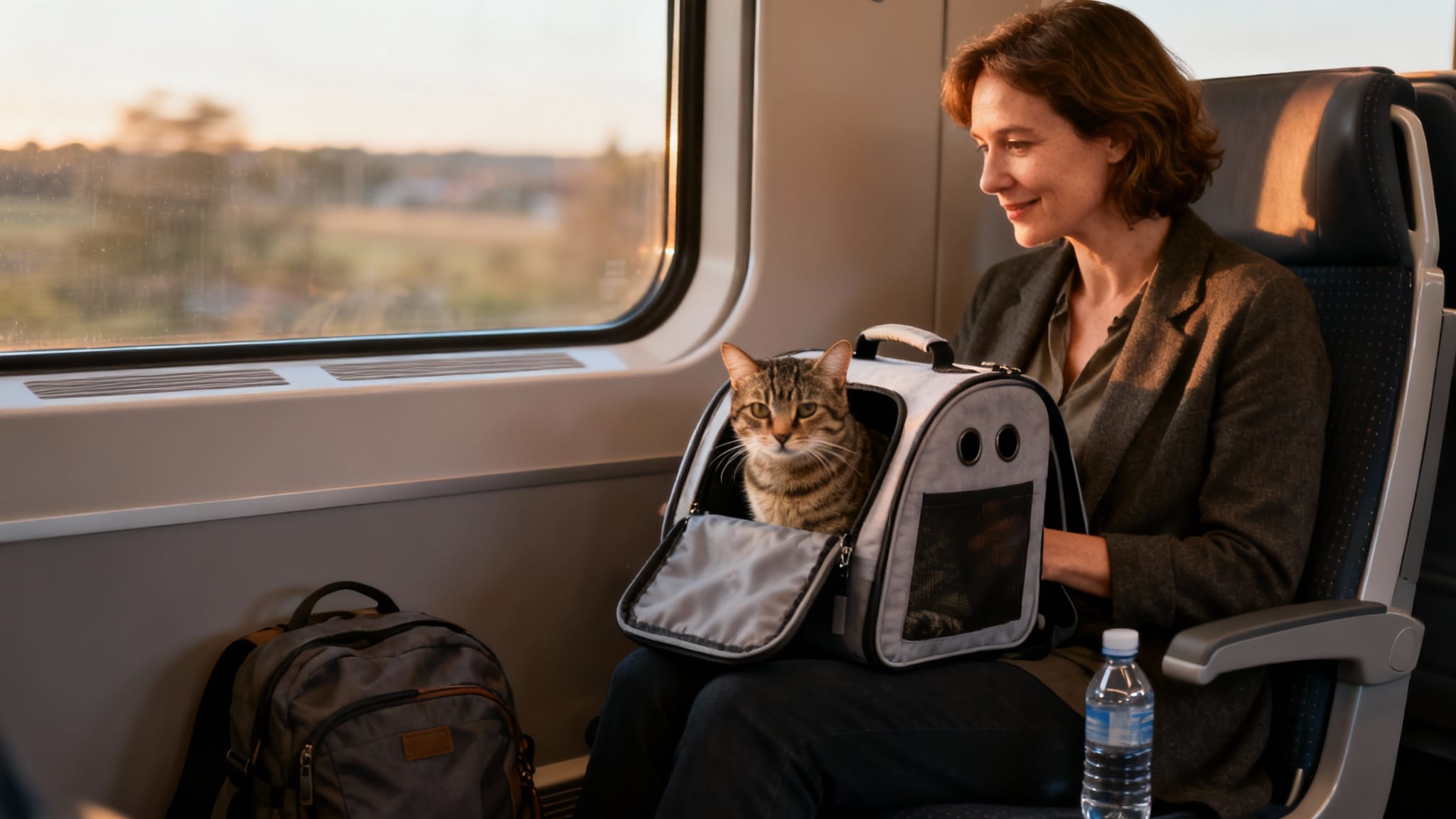 Voyager avec un chat en train, chat calme dans sac