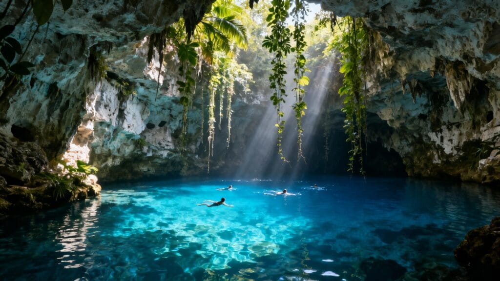 Cenote bleu entouré de jungle, baignade printanière