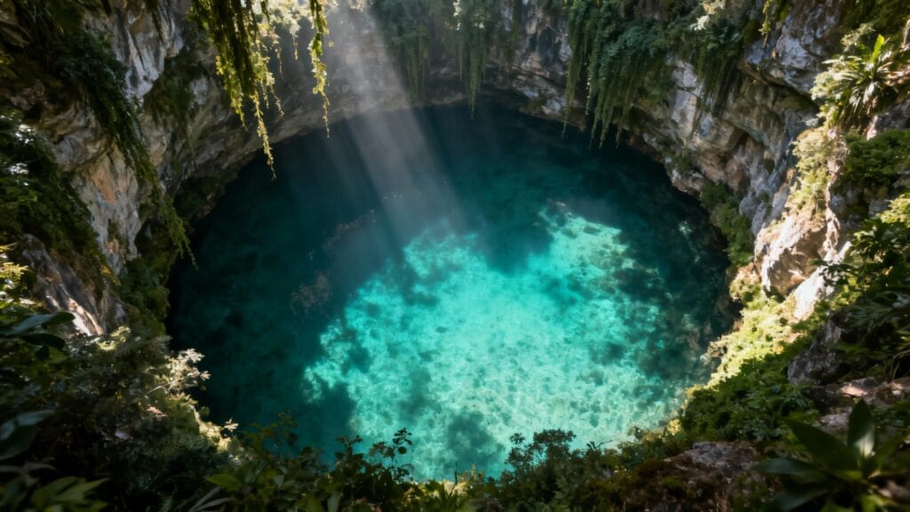 Cénoté turquoise entouré de jungle, lumière douce de novembre